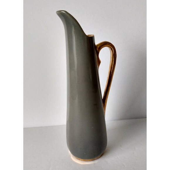 Vintage Gray Pitcher 24k Plated Trim Slim 8" x 2" Grey Kitchen Home Decor Vase - Picture 5 of 6